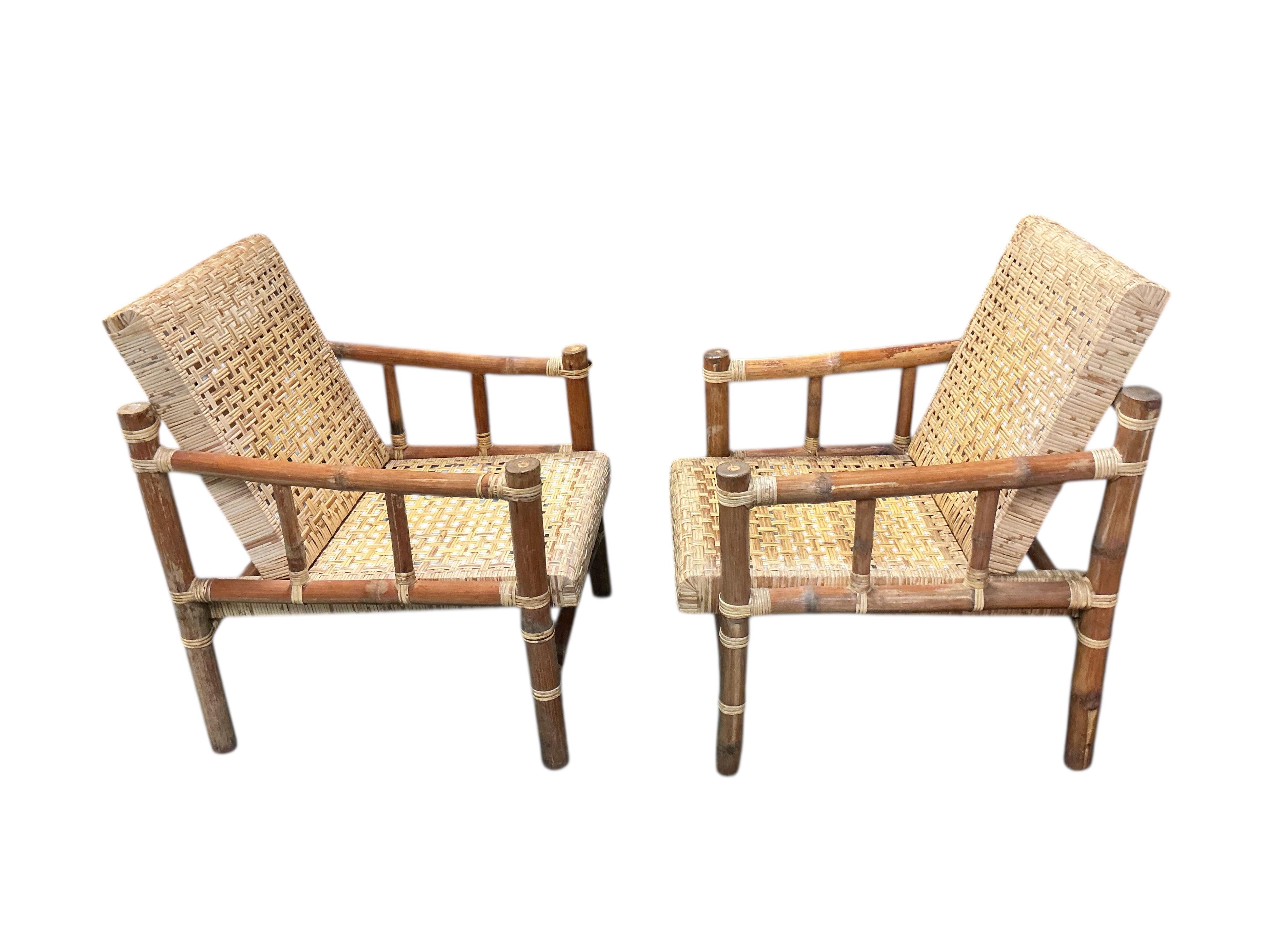 A set of four mid century caned bamboo lounge chairs, width 60cm, depth 60cm, height 80cm